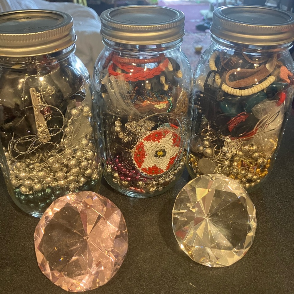 Clear Glass Mason Jar Storage Set -full of jewelry set of three